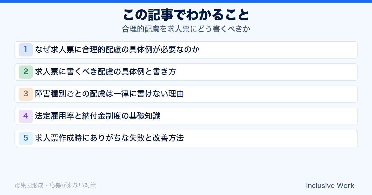 合理的配慮を求人票にどう書くべきか｜書き方の具体例・障害種別ごとの違い・法定雇用率や納付金制度の基礎知識までわかりやすく解説の要点まとめ