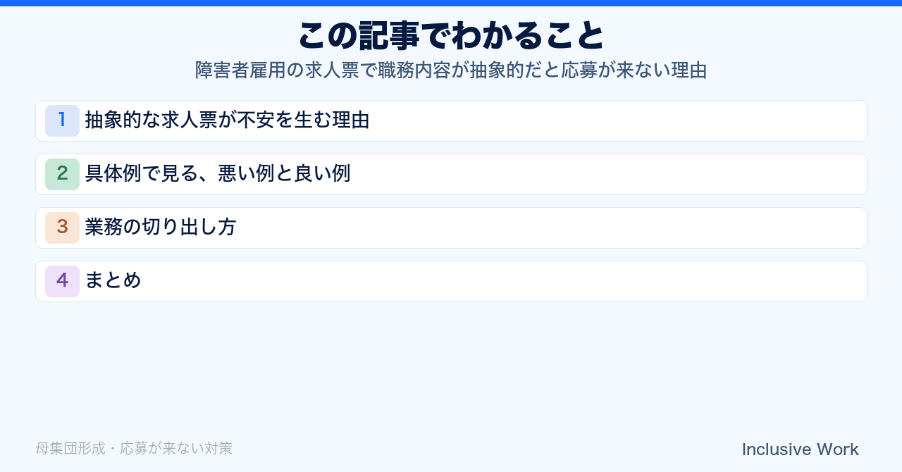 障害者雇用の求人票で職務内容が抽象的だと応募が来ない理由｜良い例・悪い例と業務の切り出し方まで解説の要点まとめ
