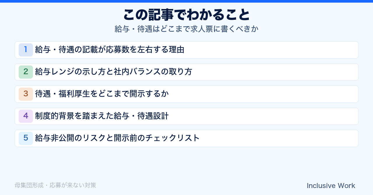 給与・待遇はどこまで求人票に書くべきか｜給与レンジの示し方・社内バランス・福利厚生の開示範囲・非公開リスクとチェックリストまで解説の要点まとめ