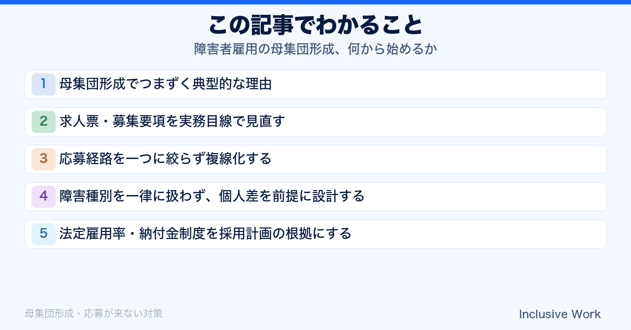 障害者雇用の母集団形成、何から始めるか｜求人票の見直し・応募経路の複線化・障害種別への配慮・法定雇用率の活用・定着までの選考設計まで解説の要点まとめ