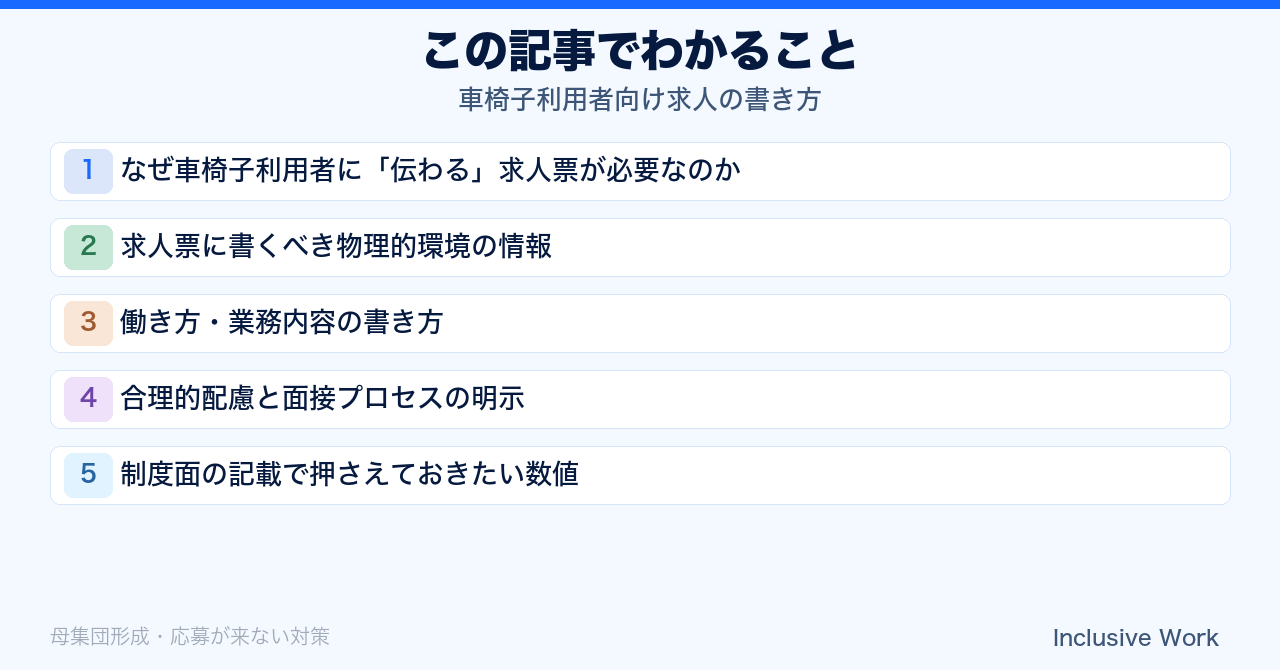 車椅子利用者向け求人の書き方|物理的環境の情報・働き方と業務内容の記載・合理的配慮と面接プロセスの明示・避けたい表現まで解説の要点まとめ