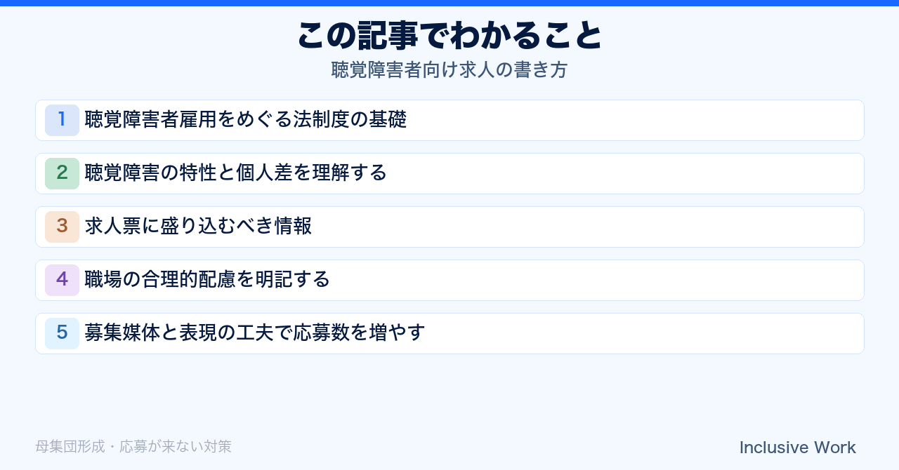 聴覚障害者向け求人の書き方｜法制度の基礎・特性理解・記載すべき情報・合理的配慮・募集媒体の工夫まで解説の要点まとめ