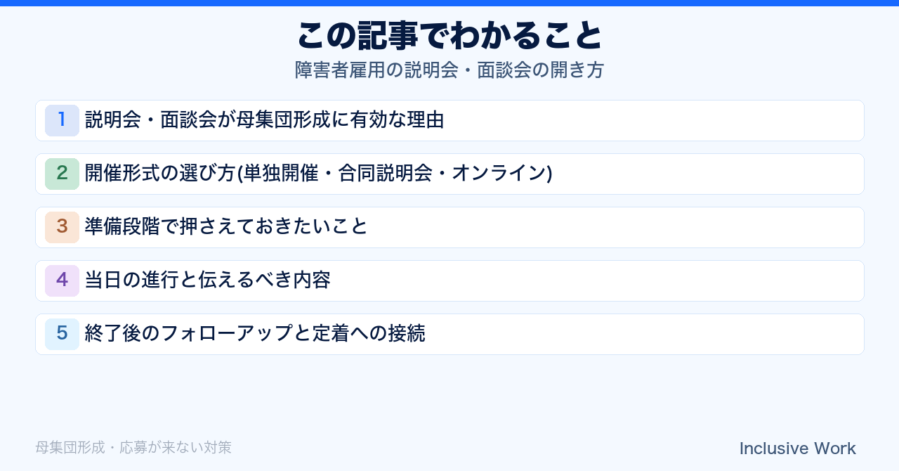 障害者雇用の説明会・面談会の開き方｜開催形式の選び方・準備段階のポイント・当日の進行内容・終了後のフォローアップまで解説の要点まとめ
