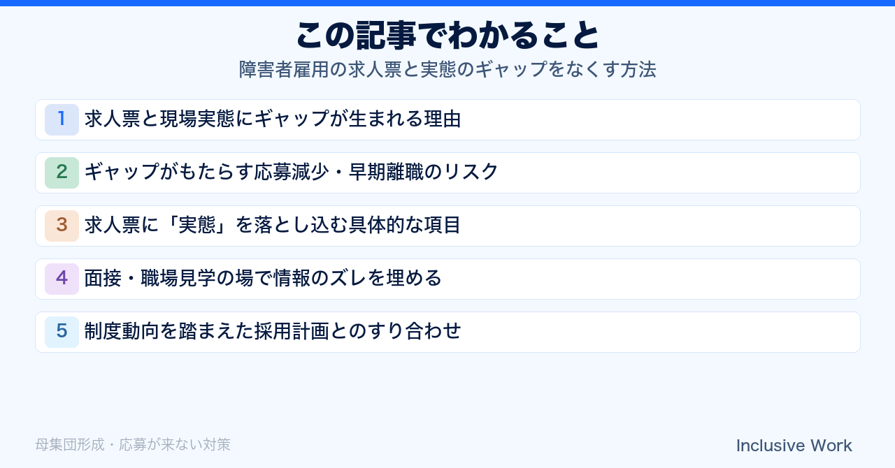 障害者雇用の求人票と実態のギャップをなくす方法｜発生理由・応募減少や早期離職リスク・実態を落とし込む項目・面接や職場見学での確認・採用計画とのすり合わせまで解説の要点まとめ