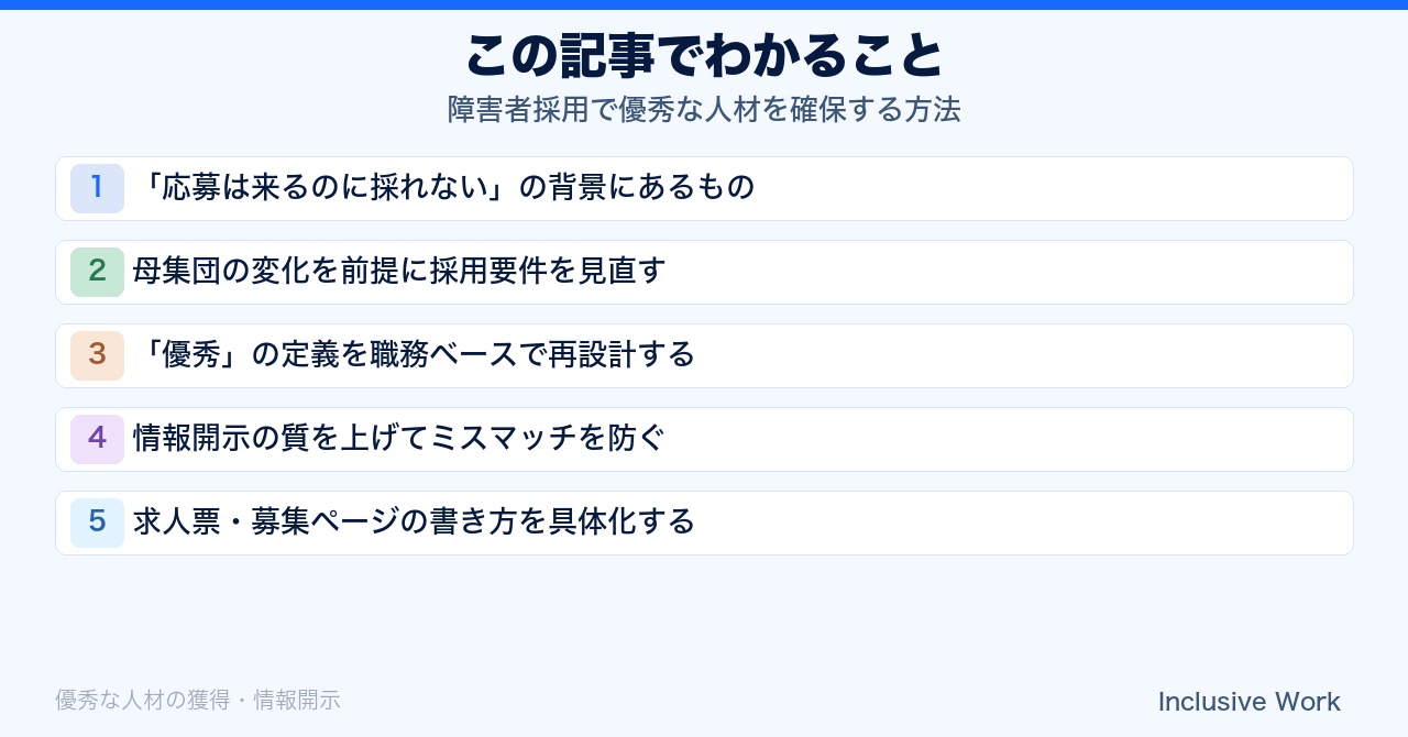 障害者採用で優秀な人材を確保する方法|情報開示・求人票の見直し・選考プロセス改善で差がつく完全ガイド【法定雇用率2.7%時代】の要点まとめ