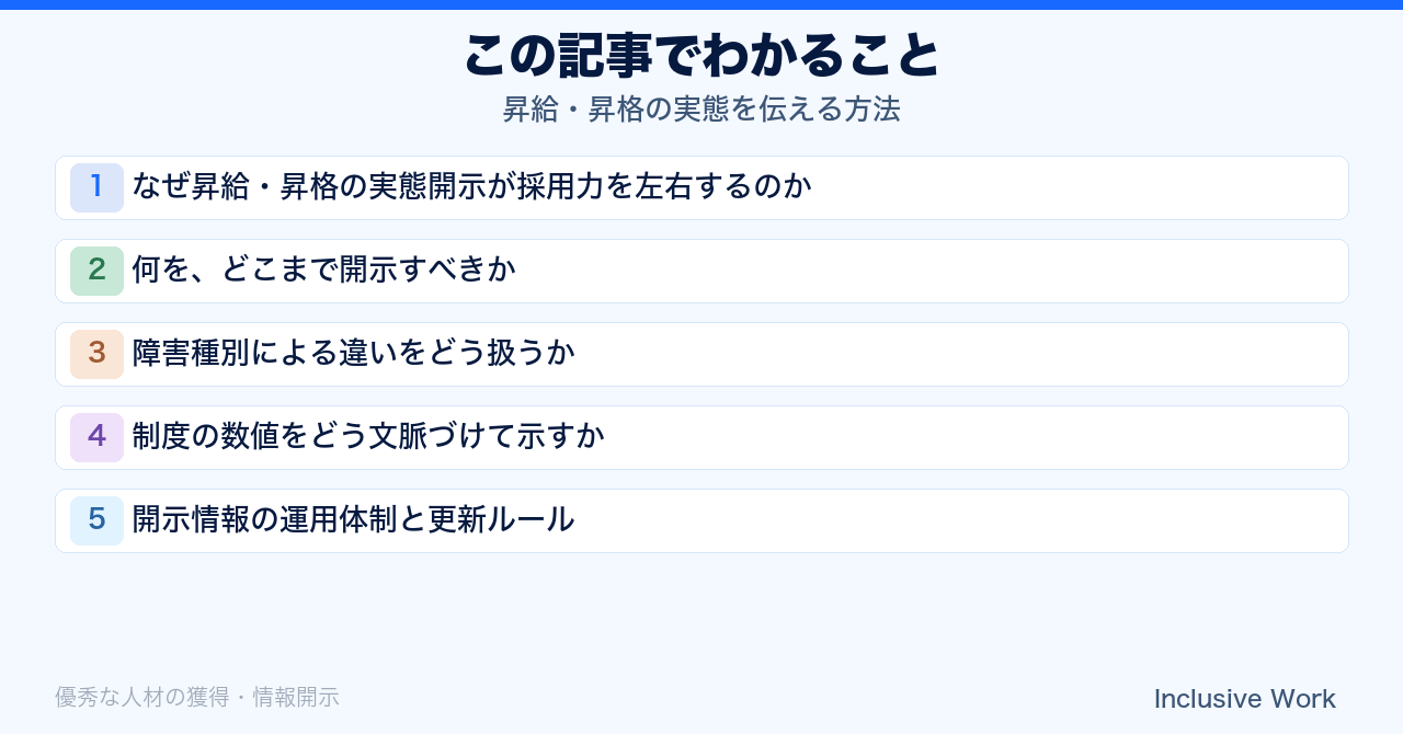 昇給・昇格の実態を伝える方法｜開示範囲・障害種別ごとの配慮・数値の文脈化・運用体制まで解説の要点まとめ