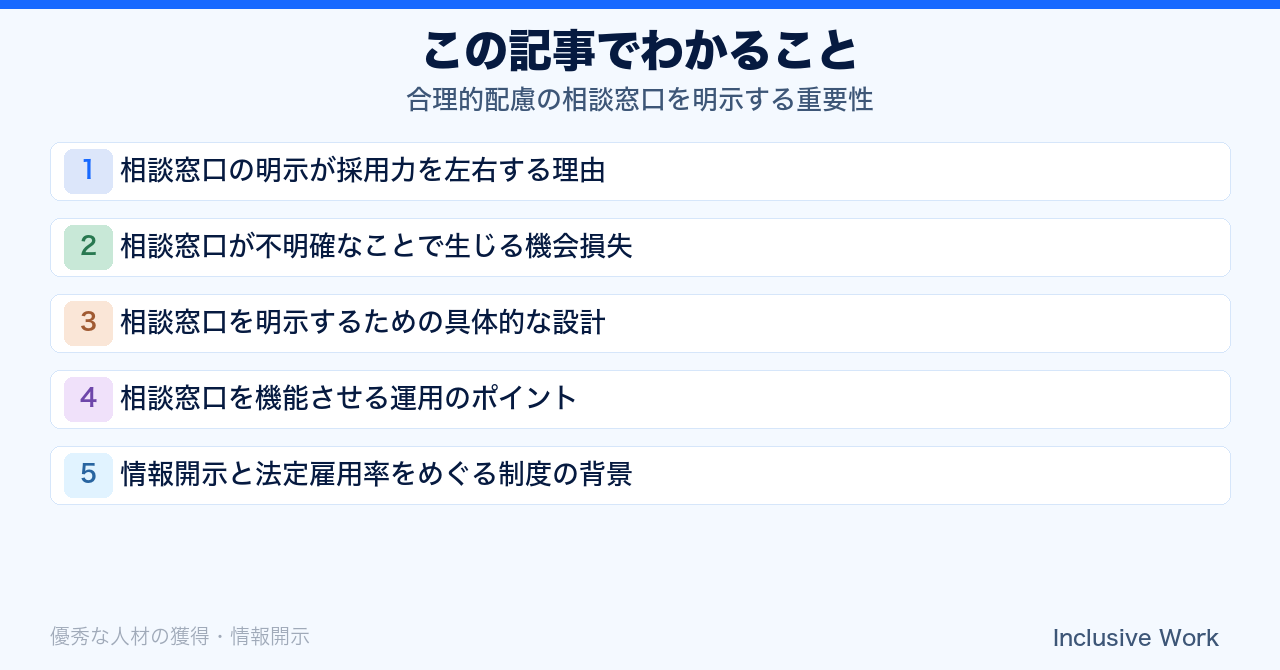 合理的配慮の相談窓口を明示する重要性｜設計のポイント・運用のポイント・法定雇用率をめぐる制度背景まで解説の要点まとめ