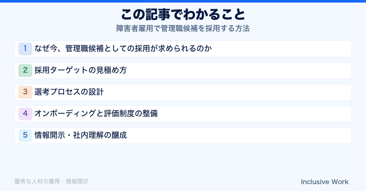 障害者雇用で管理職候補を採用する方法｜見極め方・選考設計・オンボーディング・情報開示・助成金活用まで解説の要点まとめ