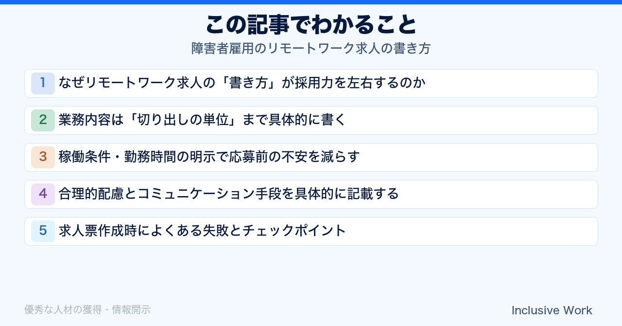 障害者雇用のリモートワーク求人の書き方｜業務の切り出し単位・稼働条件の明示・合理的配慮とコミュニケーション手段を解説の要点まとめ