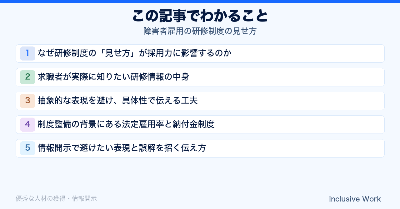 障害者雇用の研修制度の見せ方｜求職者が知りたい配慮と内容・具体性のある伝え方・法定雇用率と納付金制度の背景・採用ページや求人票への落とし込み方まで解説の要点まとめ