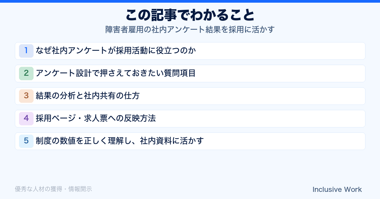 障害者雇用の社内アンケート結果を採用に活かす｜質問項目の設計・結果の分析と社内共有・採用ページや求人票への反映方法まで解説の要点まとめ