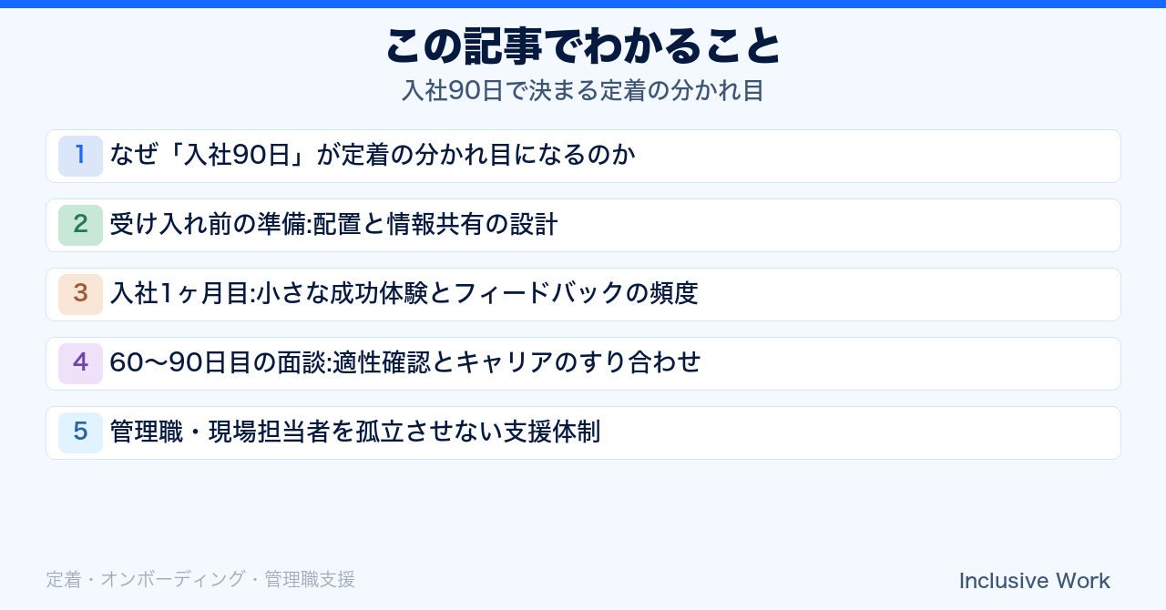 入社90日で決まる定着の分かれ目｜受け入れ準備・1ヶ月目のフィードバック・60〜90日目の面談・管理職支援まで解説の要点まとめ