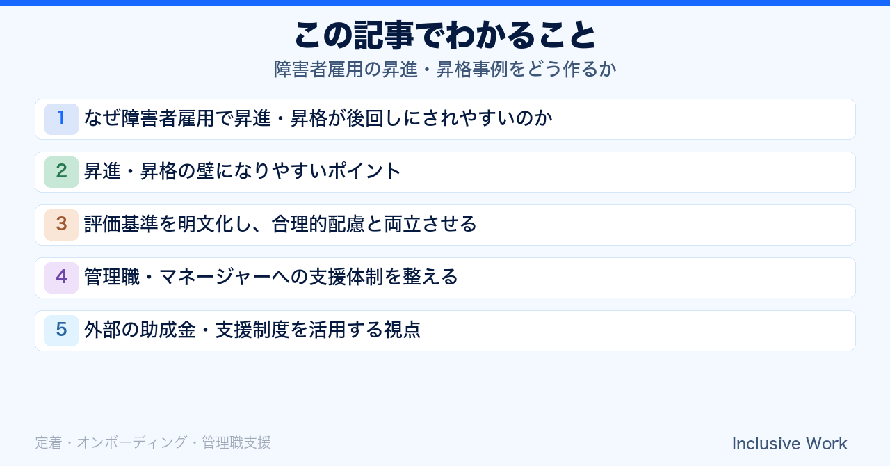 障害者雇用の昇進・昇格事例をどう作るか｜業務内容の可視化・評価基準の明文化・キャリア面談・管理職支援・助成金活用で解説の要点まとめ