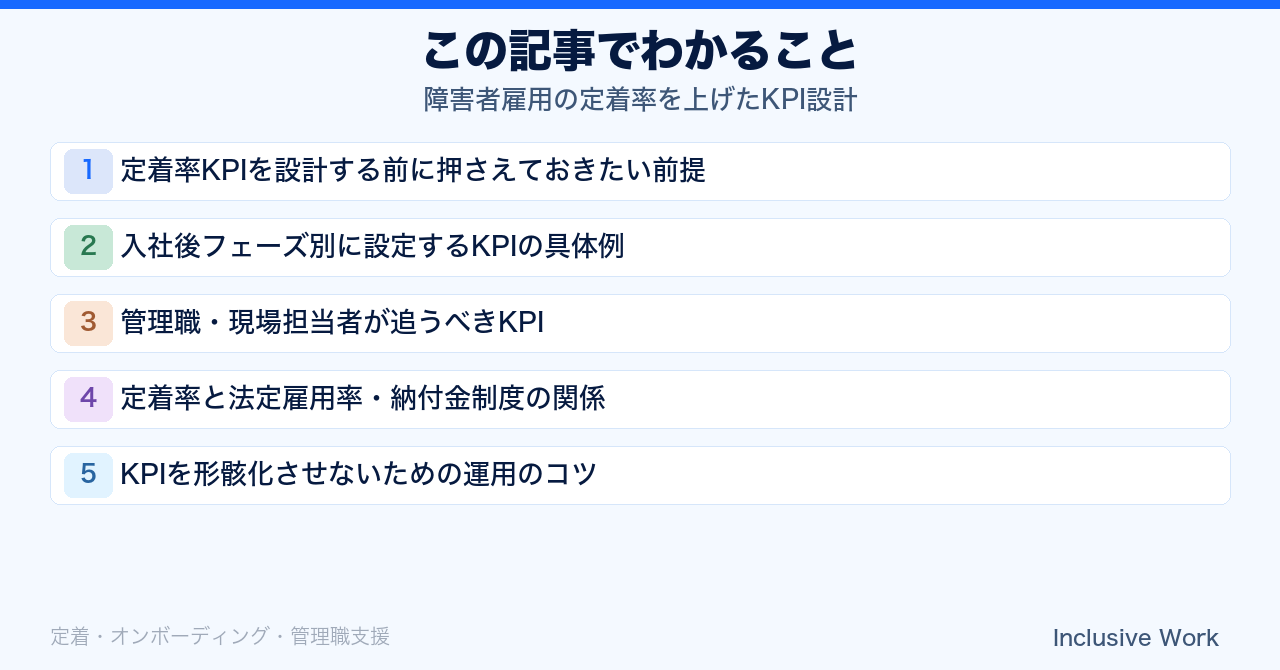 障害者雇用の定着率を上げたKPI設計｜フェーズ別数値目標・管理職向け指標・法定雇用率との関係まで解説の要点まとめ