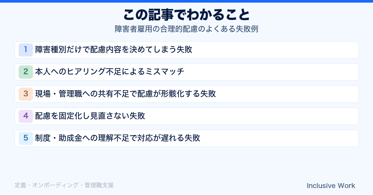 障害者雇用の合理的配慮のよくある失敗例|障害種別だけで決めつける・本人ヒアリング不足・現場共有不足で形骸化・配慮の固定化・助成金理解不足を解説の要点まとめ