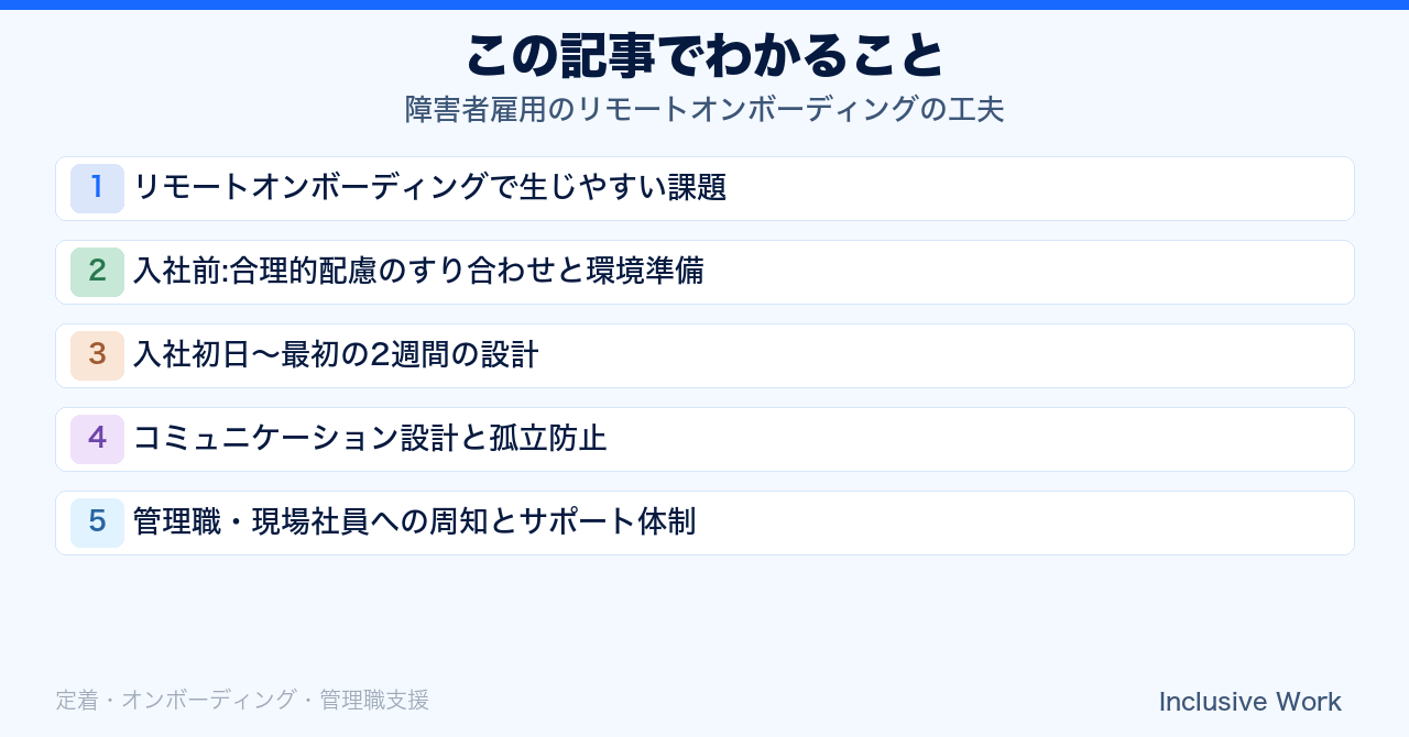 障害者雇用のリモートオンボーディングの工夫|合理的配慮のすり合わせ・伴走担当者の明確化・入社初日〜2週間の設計・孤立防止のコミュニケーション設計の要点まとめ