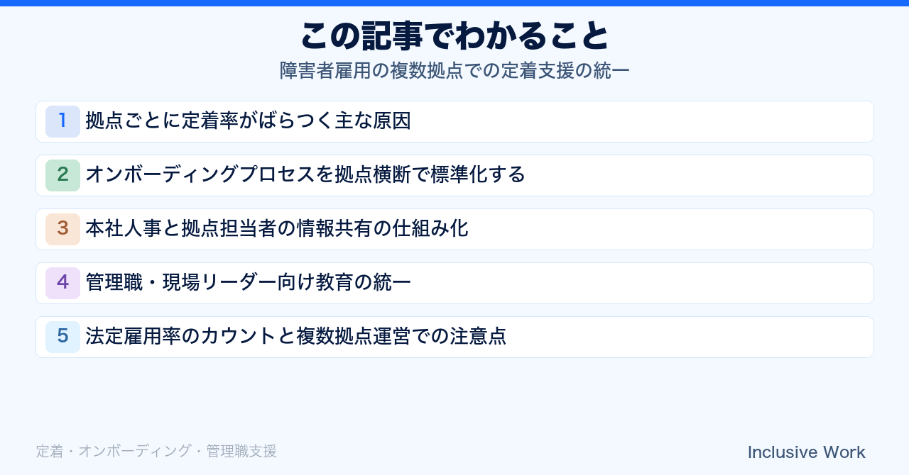 障害者雇用の複数拠点での定着支援の統一|オンボーディング標準化・情報共有の仕組み化・管理職教育統一・法定雇用率カウントの注意点の要点まとめ