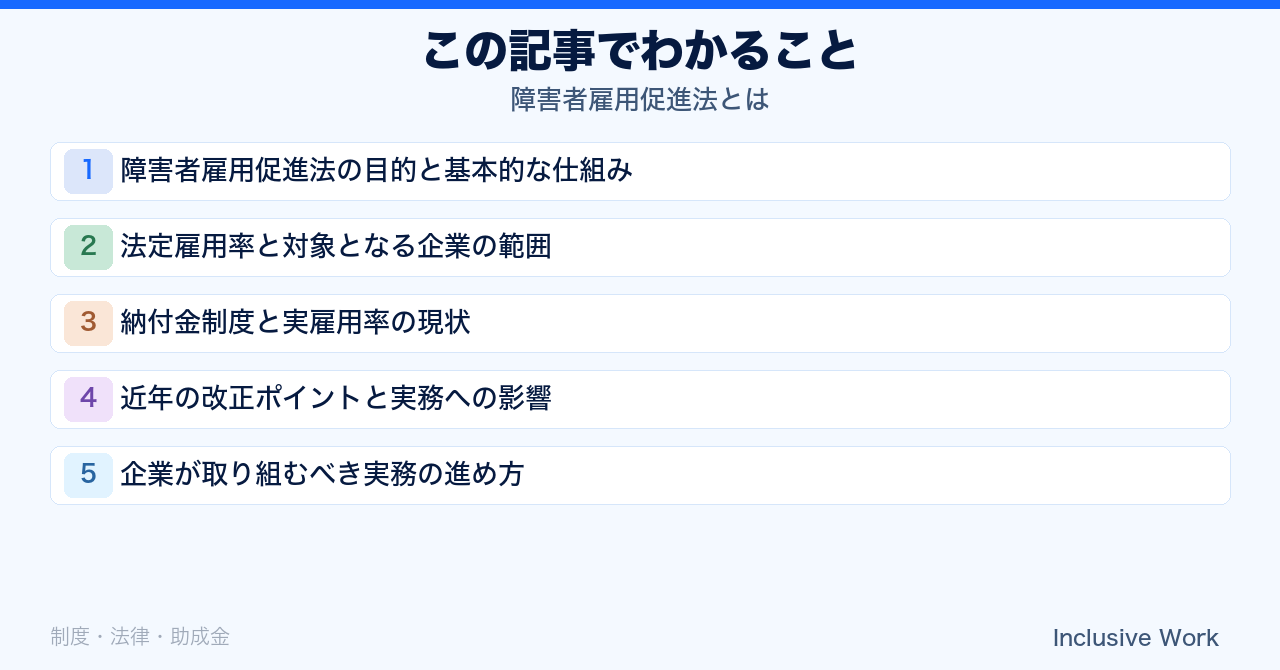 障害者雇用促進法とは｜企業が知っておくべき基本と改正のポイント・法定雇用率・納付金・実務対応まで解説の要点まとめ