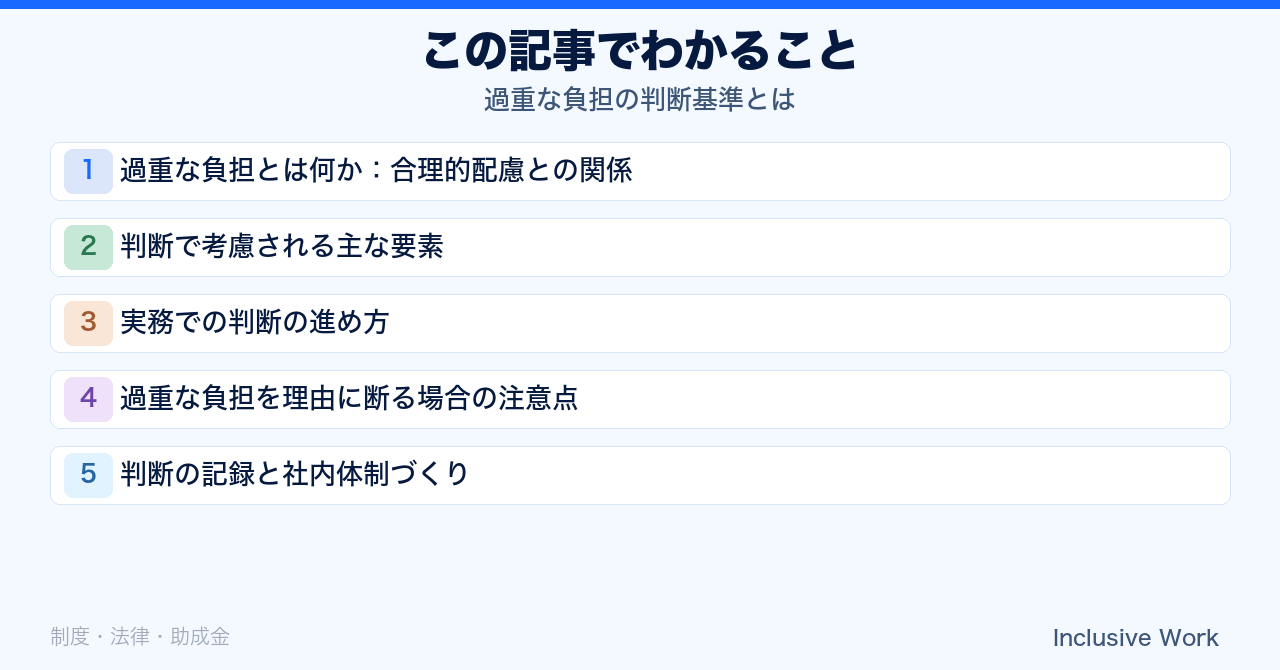 過重な負担の判断基準とは|考慮要素・判断の進め方・断る場合の注意点・記録の残し方まで解説の要点まとめ