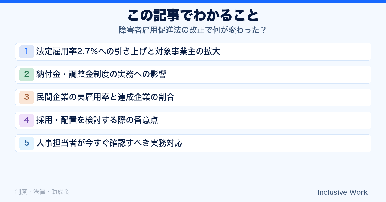障害者雇用促進法の改正で何が変わった?|法定雇用率2.7%引き上げ・対象事業主拡大・納付金調整金への影響・実雇用率の現状・人事の実務対応まで解説の要点まとめ