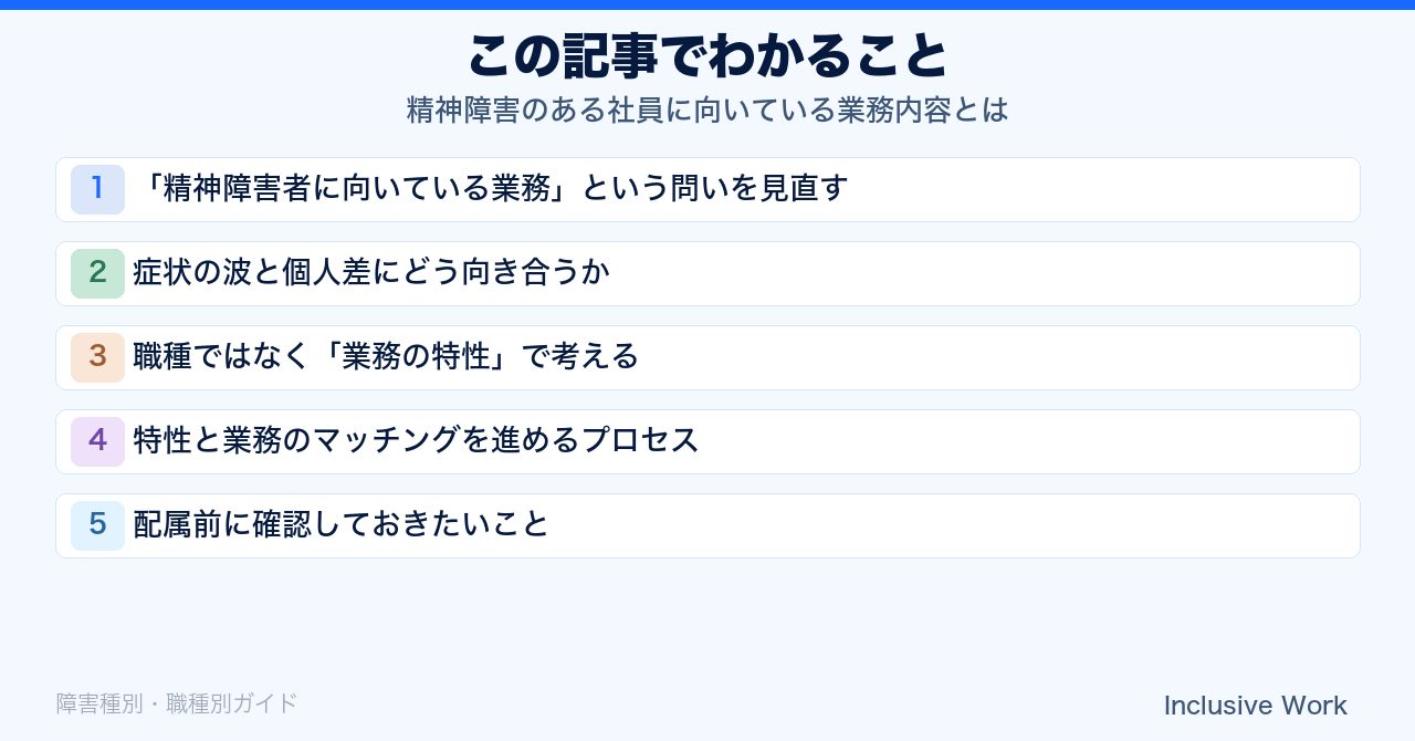 精神障害のある社員に向いている業務内容とは｜うつ病・統合失調症など特性別の業務設計と配属前チェックリストの要点まとめ