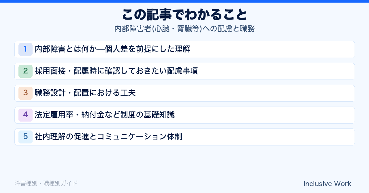 内部障害者(心臓・腎臓等)への配慮と職務｜通院・服薬配慮の設計・主治医意見書と産業医連携・職務設計の工夫・法定雇用率と納付金の基礎知識の要点まとめ