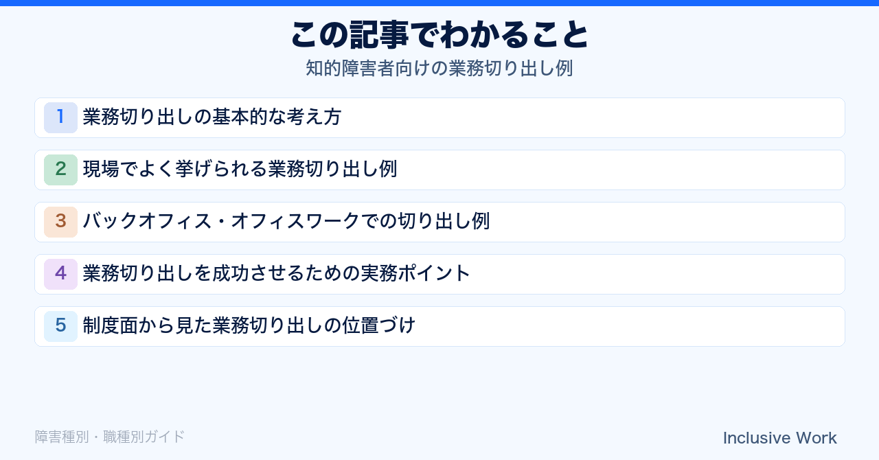 知的障害者向けの業務切り出し例｜データ入力・梱包・仕分け・清掃・郵便物対応・バックオフィス業務・定着支援まで解説の要点まとめ