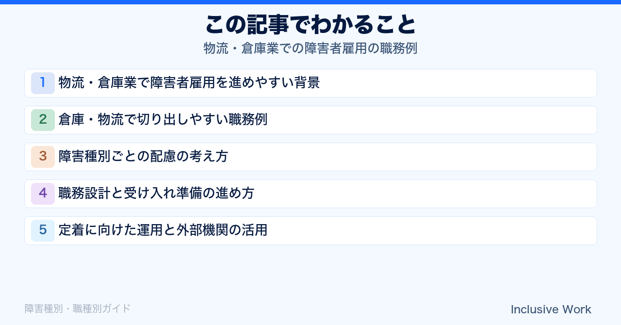 物流・倉庫業での障害者雇用の職務例|検品・仕分け・梱包などの職務設計と障害種別の配慮、定着の進め方まで解説の要点まとめ