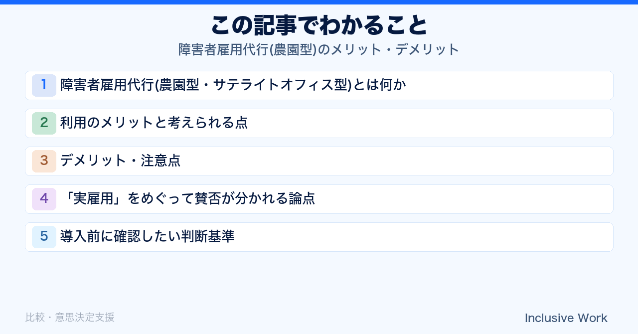 障害者雇用代行(農園型)のメリット・デメリット｜サテライトオフィス型・自社雇用との違いと導入判断のポイントの要点まとめ