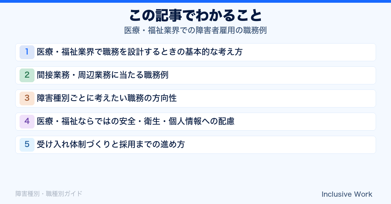 医療・福祉業界での障害者雇用の職務例|間接業務・周辺業務の切り出し方・障害種別の職務の方向性・安全衛生と個人情報への配慮まで解説の要点まとめ