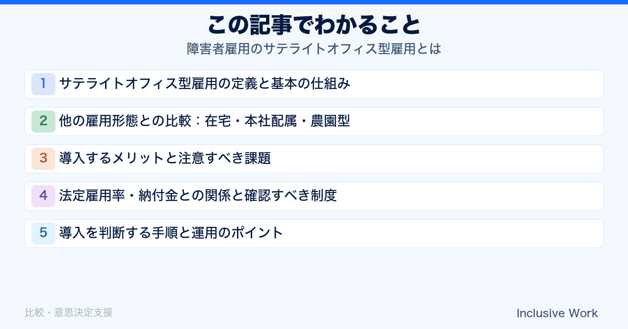 障害者雇用のサテライトオフィス型雇用とは｜他の雇用形態との比較・メリットと課題・法定雇用率との関係・導入判断の手順まで解説の要点まとめ