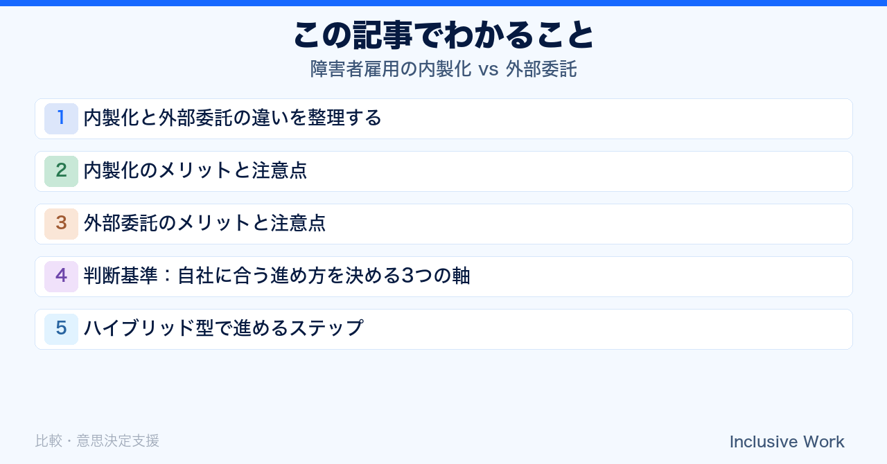 障害者雇用の内製化 vs 外部委託｜違いの整理・メリットと注意点・3つの判断軸・ハイブリッド型の進め方まで解説の要点まとめ