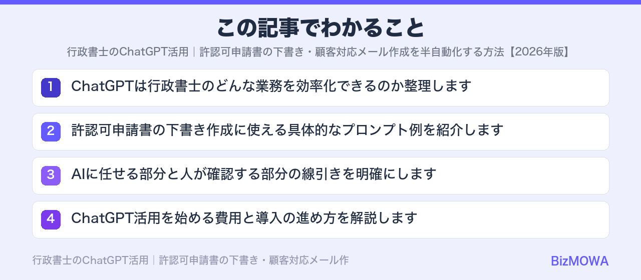 この記事でわかること：行政書士のChatGPT活用｜許認可申請書の下書き・顧客対応メール作成を半自動化