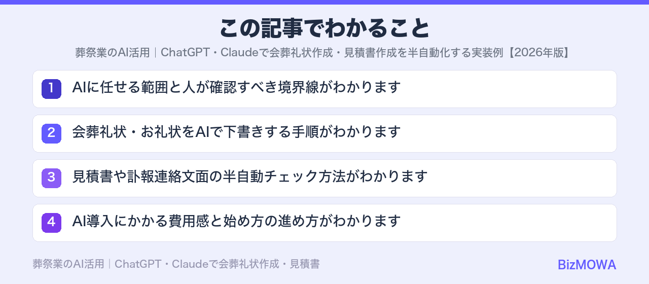 この記事でわかること：葬祭業のAI活用｜ChatGPT・Claudeで会葬礼状作成・見積書作成を半自動