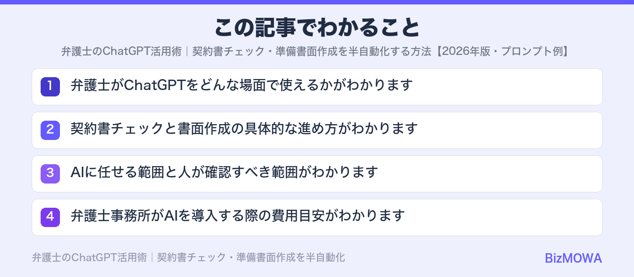 この記事でわかること：弁護士のChatGPT活用術｜契約書チェック・準備書面作成を半自動化する方法【2
