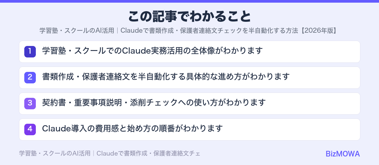 この記事でわかること：学習塾・スクールのAI活用｜Claudeで書類作成・保護者連絡文チェックを半自動