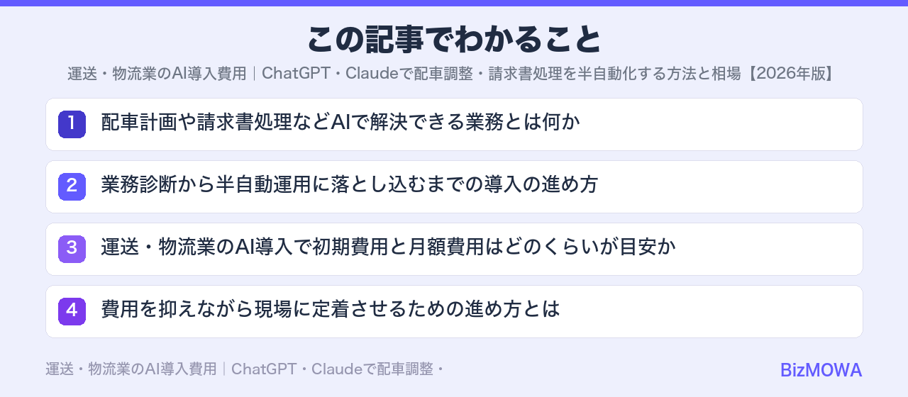 この記事でわかること：運送・物流業のAI導入費用｜ChatGPT・Claudeで配車調整・請求書処理を