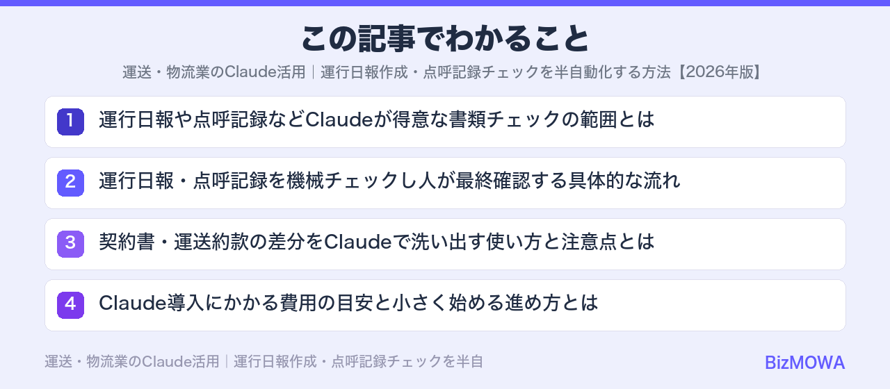 この記事でわかること：運送・物流業のClaude活用｜運行日報作成・点呼記録チェックを半自動化する方法