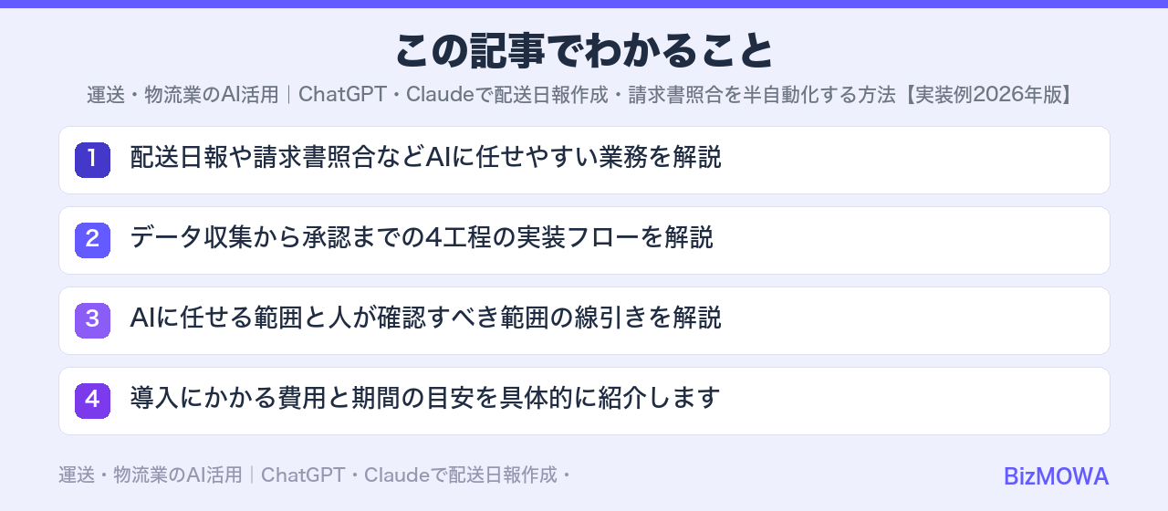 この記事でわかること：運送・物流業のAI活用｜ChatGPT・Claudeで配送日報作成・請求書照合を