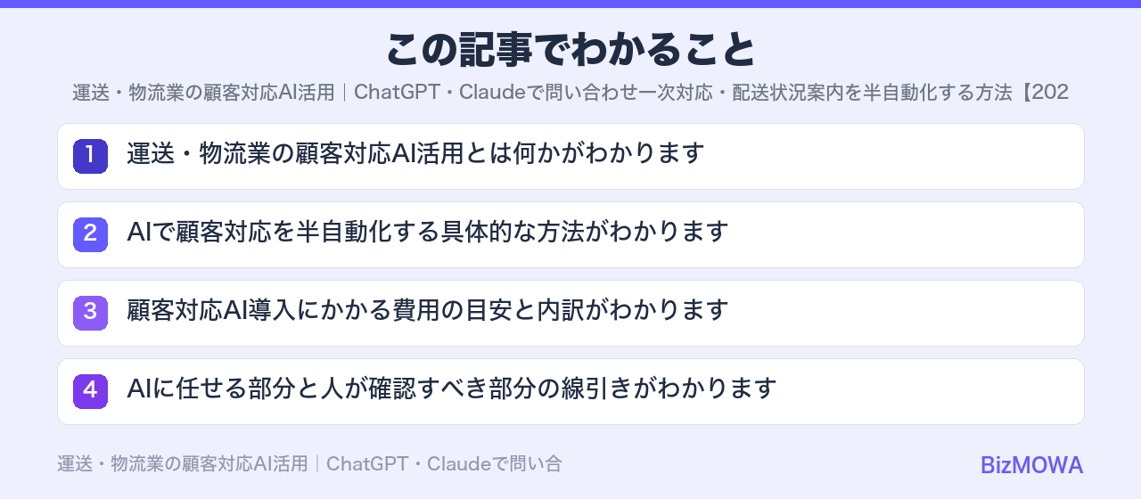 この記事でわかること：運送・物流業の顧客対応AI活用｜ChatGPT・Claudeで問い合わせ一次対応