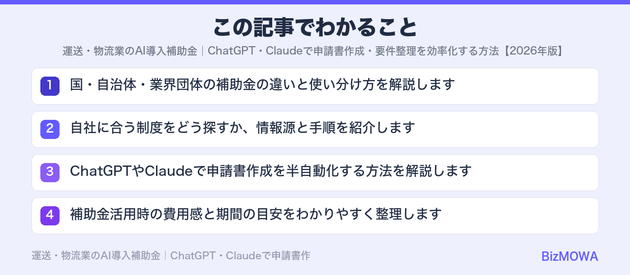 この記事でわかること：運送・物流業のAI導入補助金｜ChatGPT・Claudeで申請書作成・要件整理