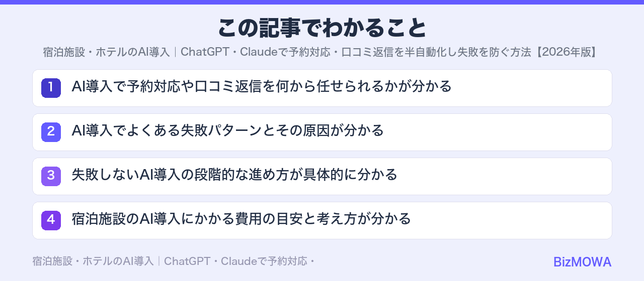 この記事でわかること：宿泊施設・ホテルのAI導入｜ChatGPT・Claudeで予約対応・口コミ返信を