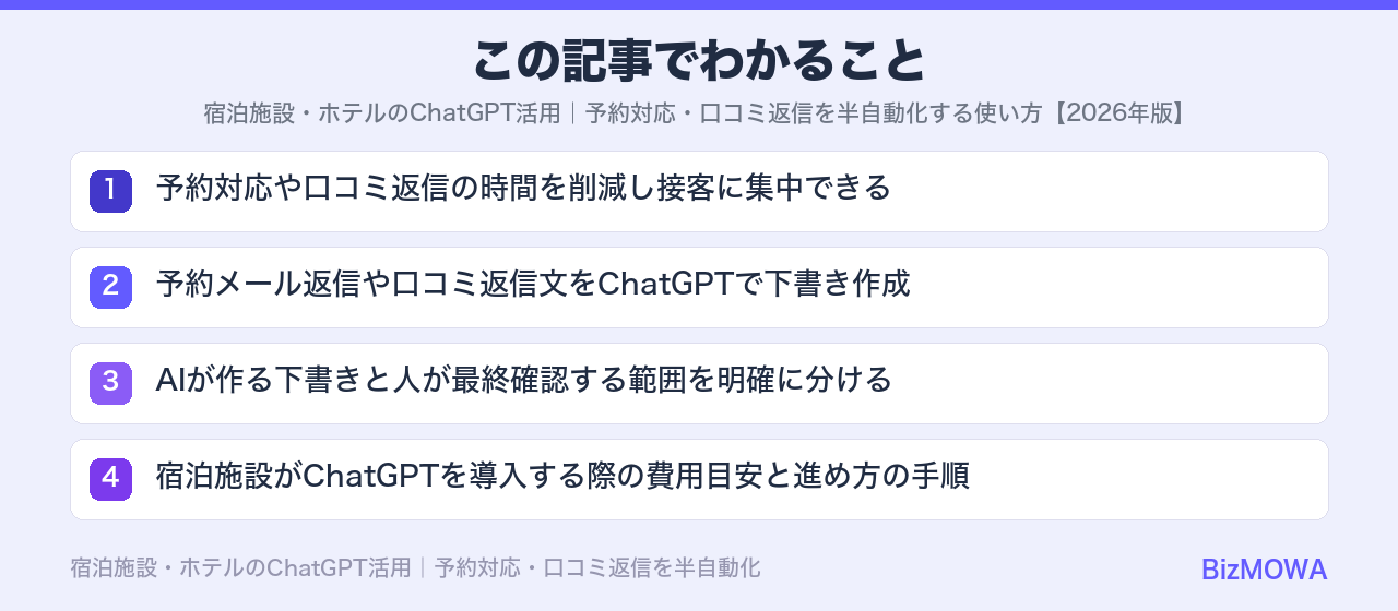 この記事でわかること：宿泊施設・ホテルのChatGPT活用｜予約対応・口コミ返信を半自動化する使い方【