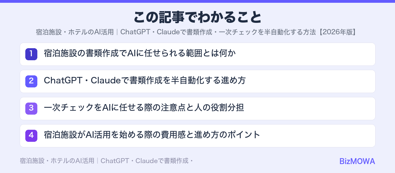 この記事でわかること：宿泊施設・ホテルのAI活用｜ChatGPT・Claudeで書類作成・一次チェック