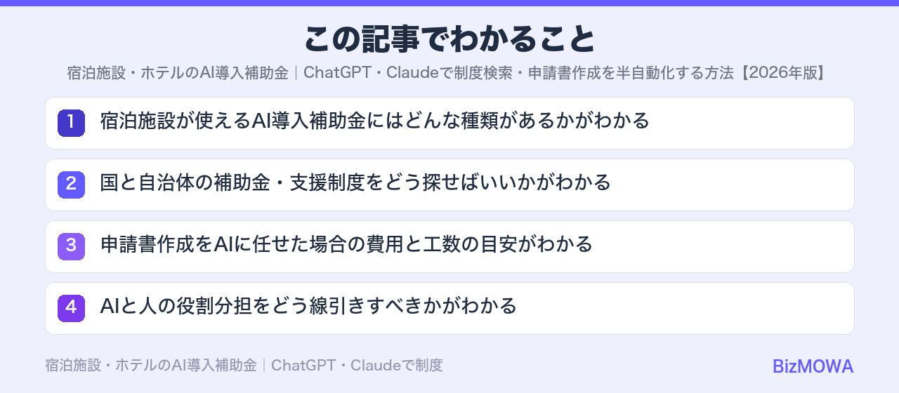 この記事でわかること：宿泊施設・ホテルのAI導入補助金｜ChatGPT・Claudeで制度検索・申請書