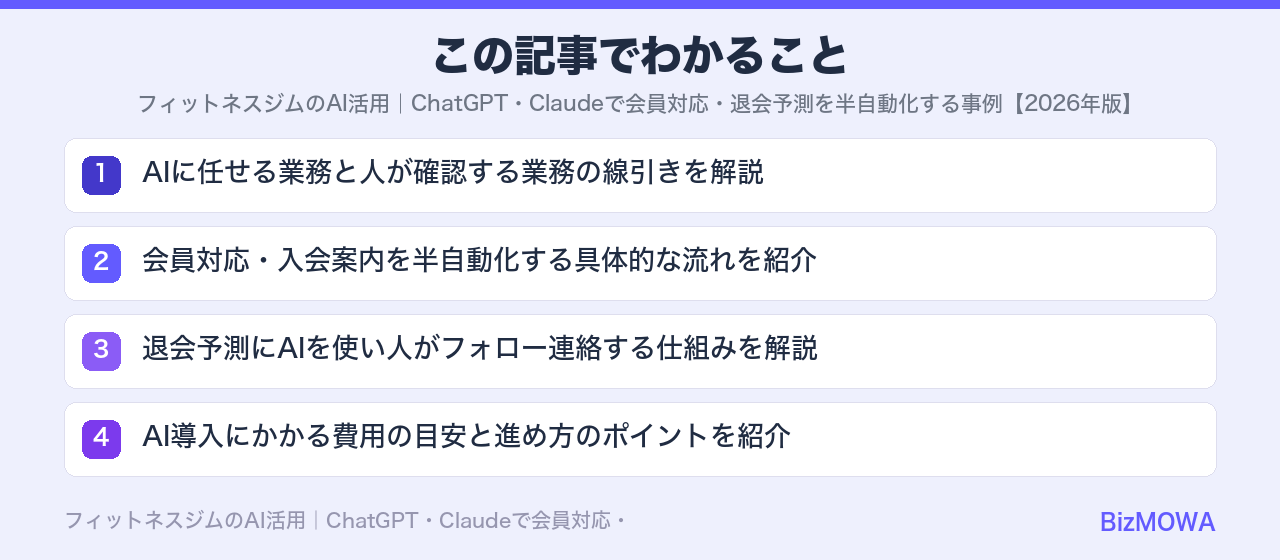 この記事でわかること：フィットネスジムのAI活用｜ChatGPT・Claudeで会員対応・退会予測を半