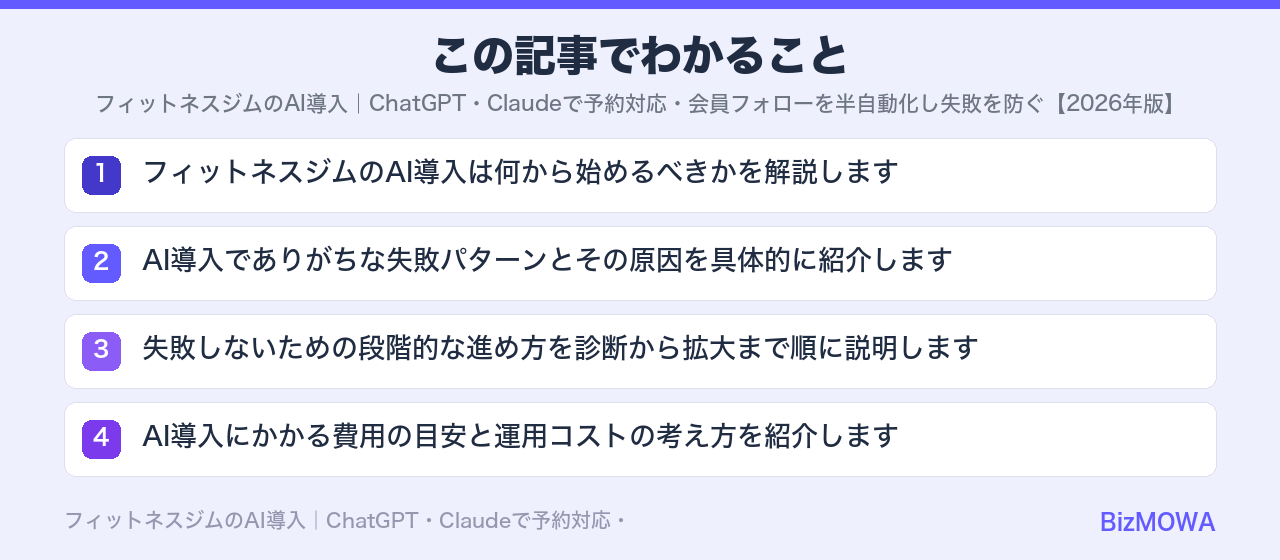 この記事でわかること：フィットネスジムのAI導入｜ChatGPT・Claudeで予約対応・会員フォロー