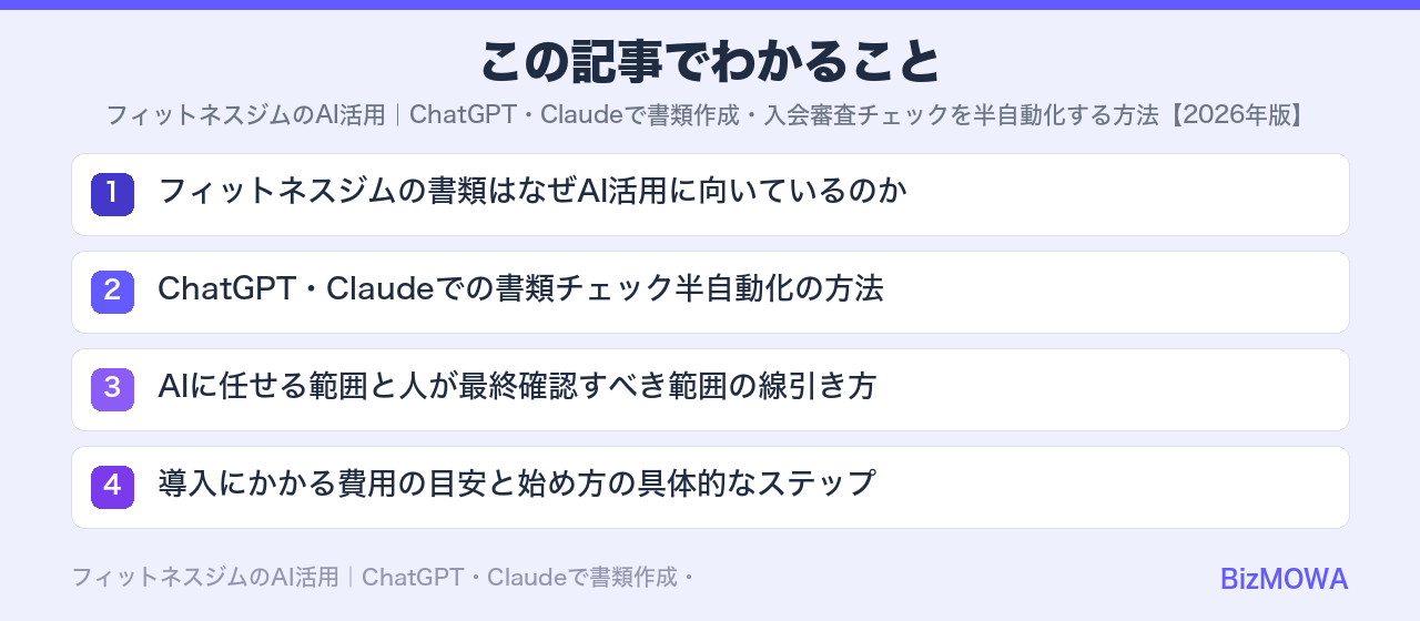この記事でわかること：フィットネスジムのAI活用｜ChatGPT・Claudeで書類作成・入会審査チェ
