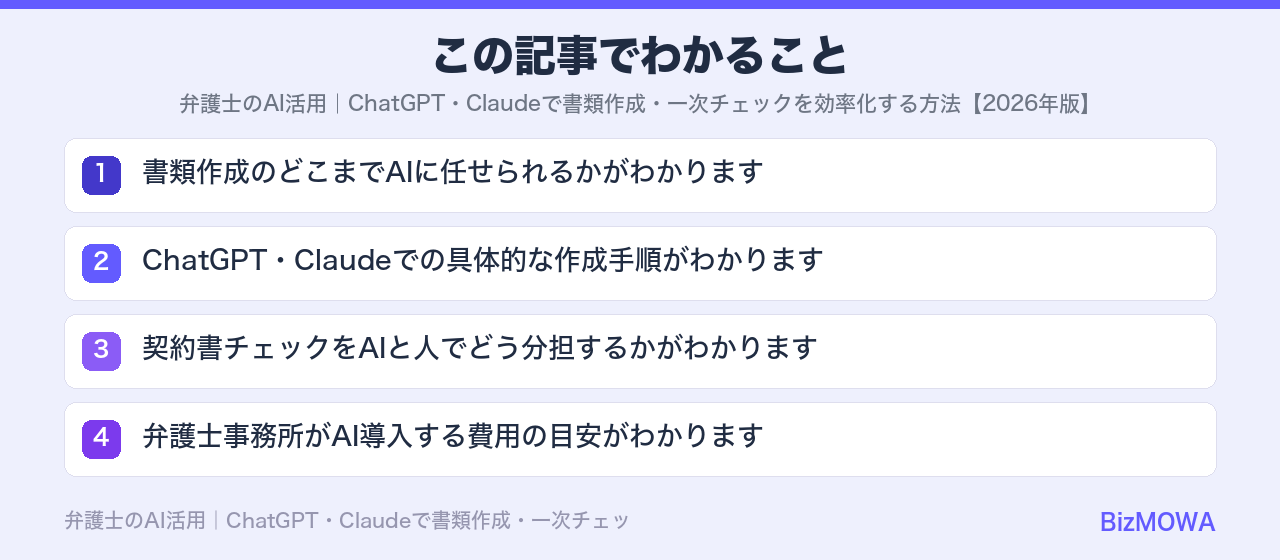 この記事でわかること：弁護士のAI活用｜ChatGPT・Claudeで書類作成・一次チェックを効率化す