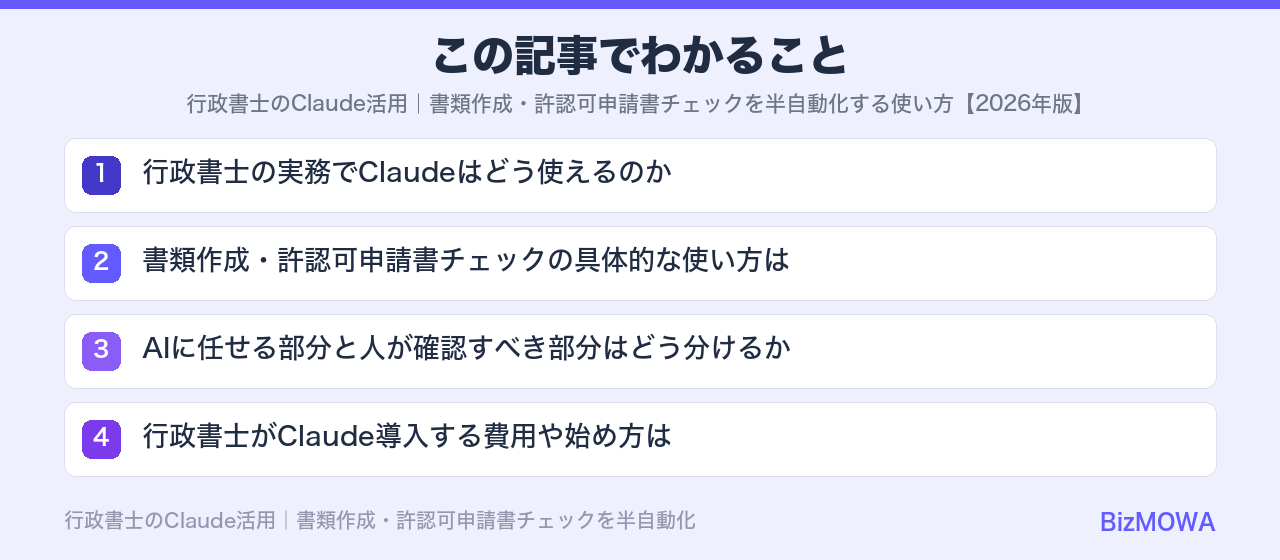 この記事でわかること：行政書士のClaude活用｜書類作成・許認可申請書チェックを半自動化する使い方【